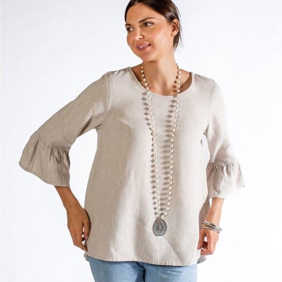 Crown Linen Designs Beige Bella Ruffle Sleeve Round Neck Top - Picture 1 of 6